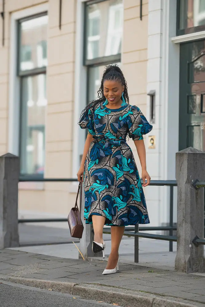 NEFERTITI BLUE AND BROWN MIDI DRESS Women’s Dress