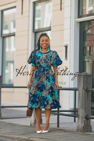 NEFERTITI BLUE AND BROWN MIDI DRESS Women’s Dress