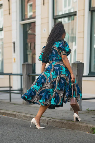 NEFERTITI BLUE AND BROWN MIDI DRESS Women’s Dress