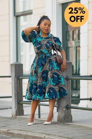 NEFERTITI BLUE AND BROWN MIDI DRESS Women’s Dress