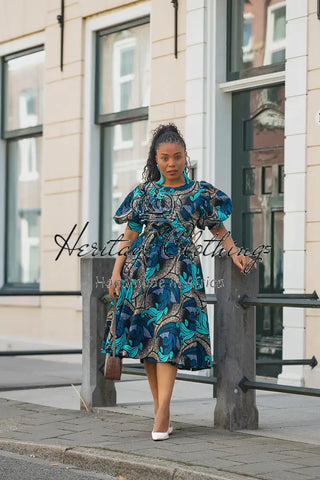 NEFERTITI BLUE AND BROWN MIDI DRESS Women’s Dress