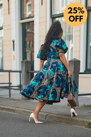 NEFERTITI BLUE AND BROWN MIDI DRESS Women’s Dress