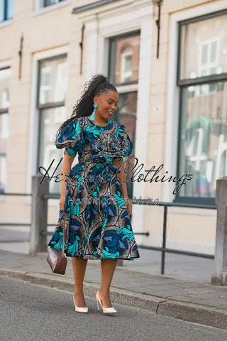 NEFERTITI BLUE AND BROWN MIDI DRESS Women’s Dress