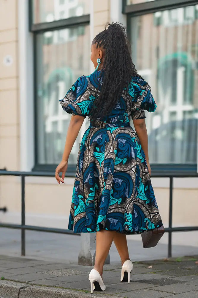 NEFERTITI NAVY BLUE AND ORANGE MIDI DRESS - Heritage Clothings 2XL NEFERTITI NAVY BLUE AND ORANGE MIDI DRESS - Heritage Clothings 2XL