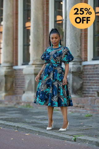 NEFERTITI BLUE AND BROWN MIDI DRESS Women’s Dress