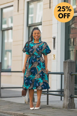 NEFERTITI BLUE AND BROWN MIDI DRESS Women’s Dress