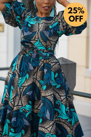 NEFERTITI BLUE AND BROWN MIDI DRESS Women’s Dress