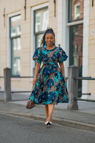 NEFERTITI BLUE AND BROWN MIDI DRESS Women’s Dress