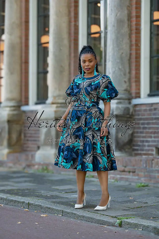 NEFERTITI BLUE AND BROWN MIDI DRESS Women’s Dress