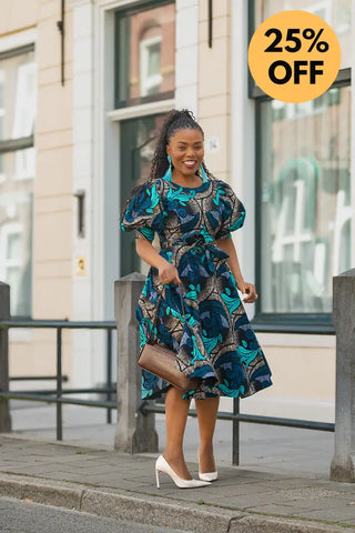 NEFERTITI BLUE AND BROWN MIDI DRESS Women’s Dress