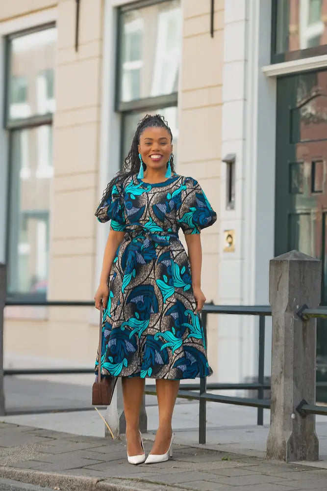NEFERTITI NAVY BLUE AND ORANGE MIDI DRESS - Heritage Clothings 2XL NEFERTITI NAVY BLUE AND ORANGE MIDI DRESS - Heritage Clothings 2XL