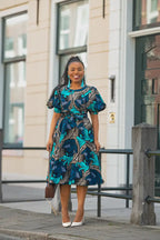 NEFERTITI BLUE AND BROWN MIDI DRESS Women’s Dress