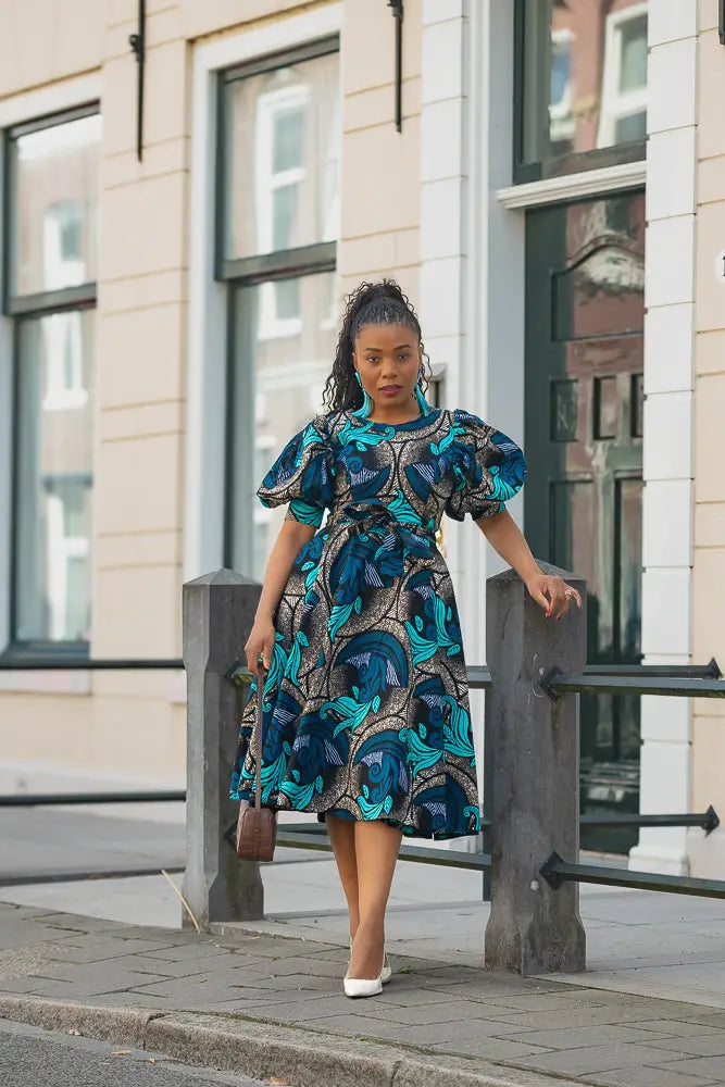 NEFERTITI NAVY BLUE AND ORANGE MIDI DRESS - Heritage Clothings 2XL NEFERTITI NAVY BLUE AND ORANGE MIDI DRESS - Heritage Clothings 2XL