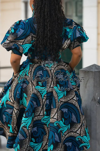 NEFERTITI BLUE AND BROWN MIDI DRESS Women’s Dress