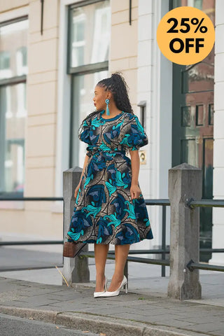 NEFERTITI BLUE AND BROWN MIDI DRESS Women’s Dress