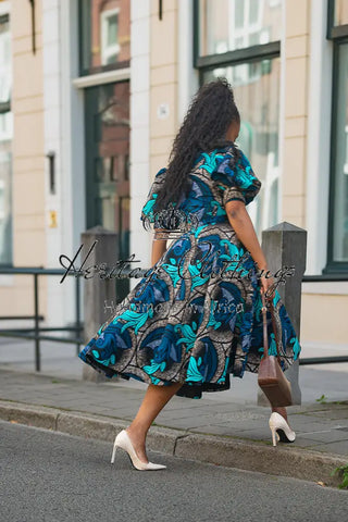 NEFERTITI BLUE AND BROWN MIDI DRESS Women’s Dress