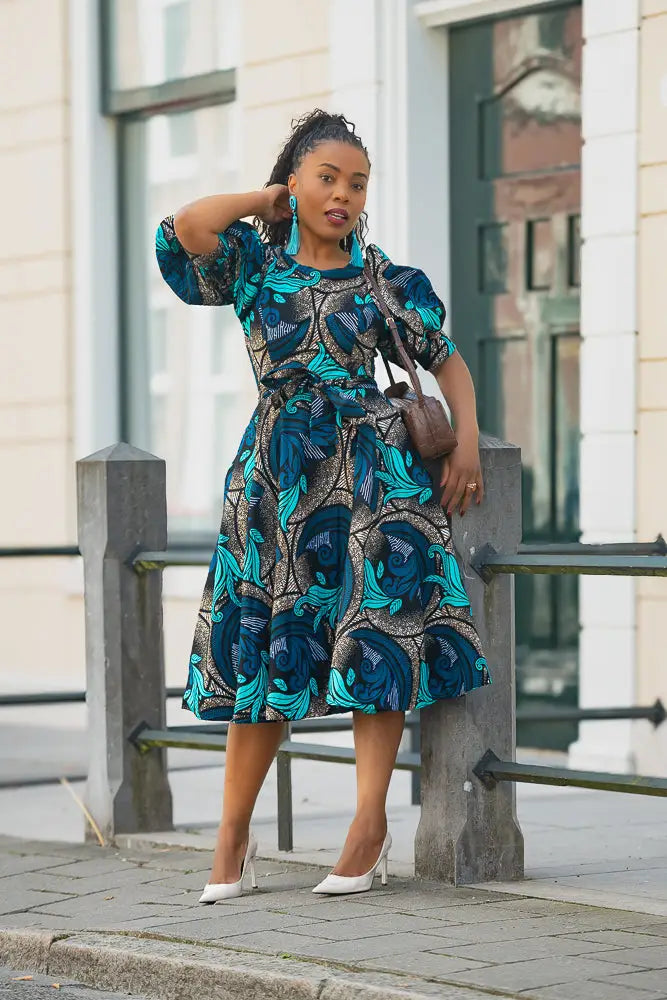 NEFERTITI BLUE AND BROWN MIDI DRESS Women’s Dress