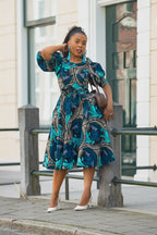 NEFERTITI BLUE AND BROWN MIDI DRESS Women’s Dress