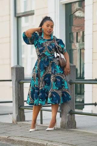 NEFERTITI BLUE AND BROWN MIDI DRESS Women’s Dress