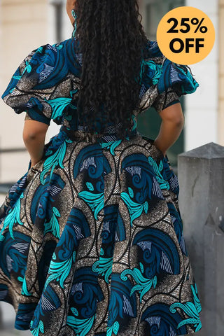 NEFERTITI BLUE AND BROWN MIDI DRESS Women’s Dress