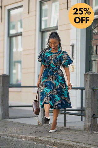 NEFERTITI BLUE AND BROWN MIDI DRESS Women’s Dress