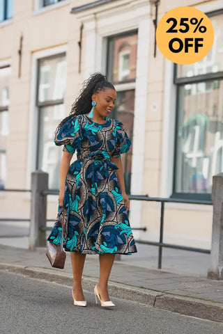 NEFERTITI BLUE AND BROWN MIDI DRESS Women’s Dress