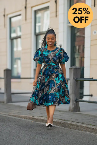 NEFERTITI BLUE AND BROWN MIDI DRESS Women’s Dress