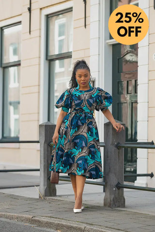 NEFERTITI BLUE AND BROWN MIDI DRESS Women’s Dress