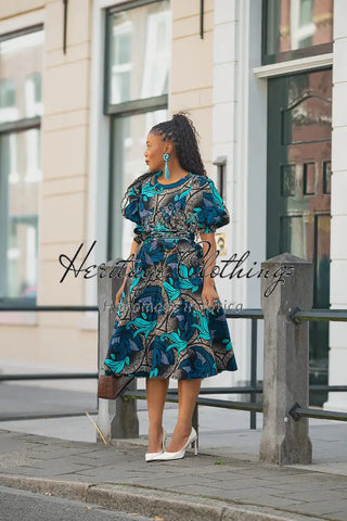 NEFERTITI BLUE AND BROWN MIDI DRESS Women’s Dress