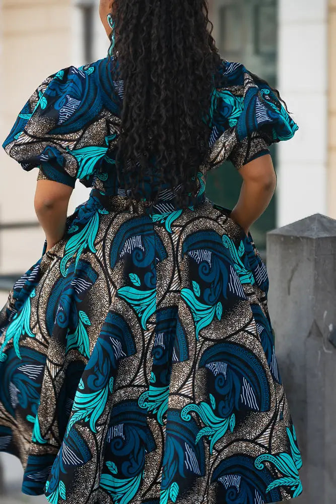 NEFERTITI NAVY BLUE AND ORANGE MIDI DRESS - Heritage Clothings 2XL NEFERTITI NAVY BLUE AND ORANGE MIDI DRESS - Heritage Clothings 2XL
