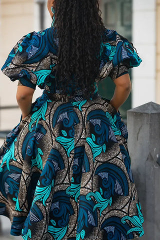 NEFERTITI BLUE AND BROWN MIDI DRESS Women’s Dress