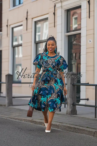 NEFERTITI BLUE AND BROWN MIDI DRESS Women’s Dress