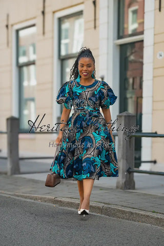 NEFERTITI BLUE AND BROWN MIDI DRESS Women’s Dress