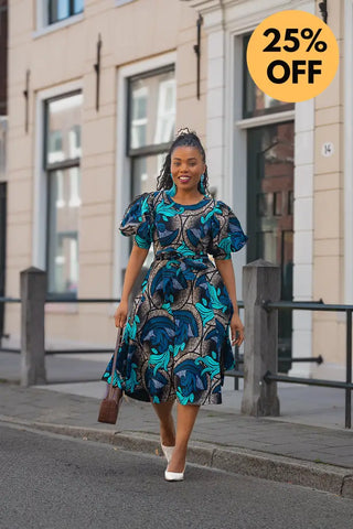 NEFERTITI BLUE AND BROWN MIDI DRESS Women’s Dress