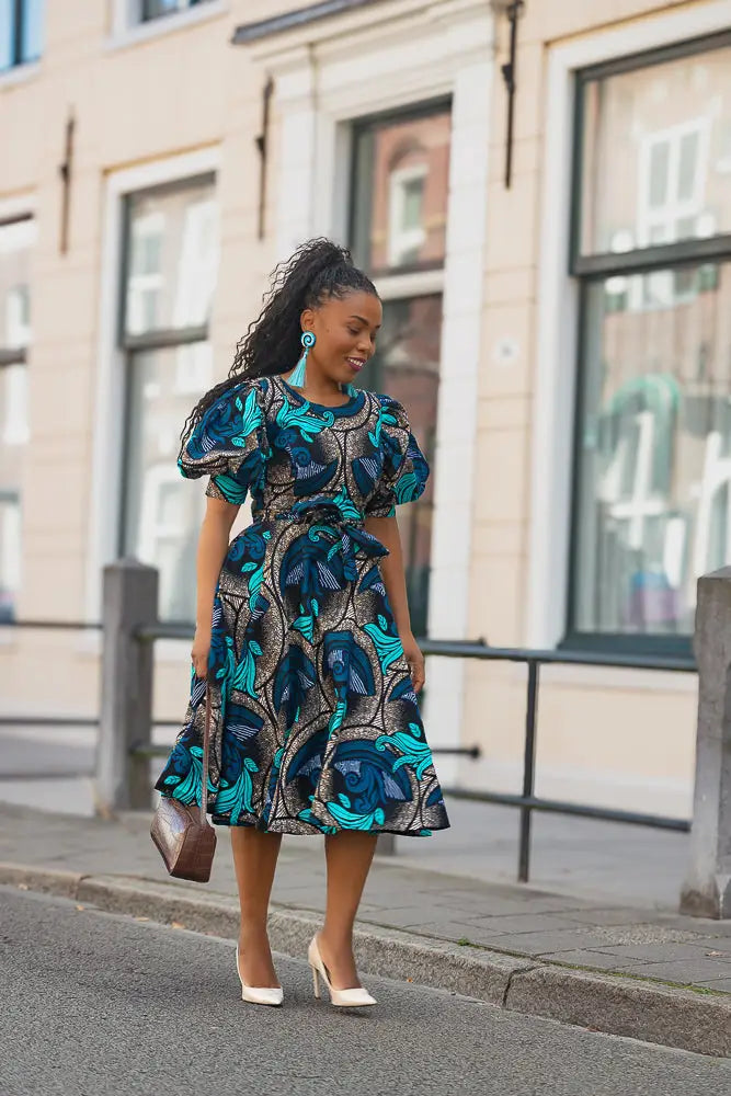 NEFERTITI BLUE AND BROWN MIDI DRESS Women’s Dress