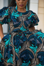 NEFERTITI BLUE AND BROWN MIDI DRESS Women’s Dress