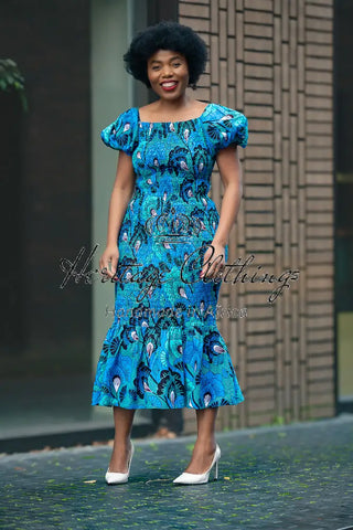 Nomfundo Blue Midi Smocked Dress