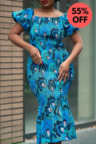 Nomfundo Blue Midi Smocked Dress
