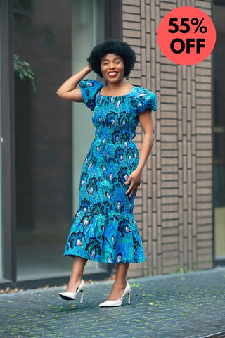 Nomfundo Blue Midi Smocked Dress