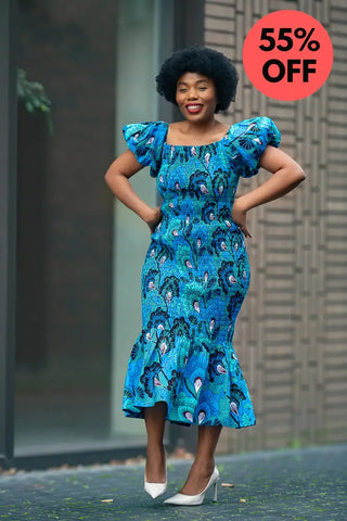 Nomfundo Blue Midi Smocked Dress