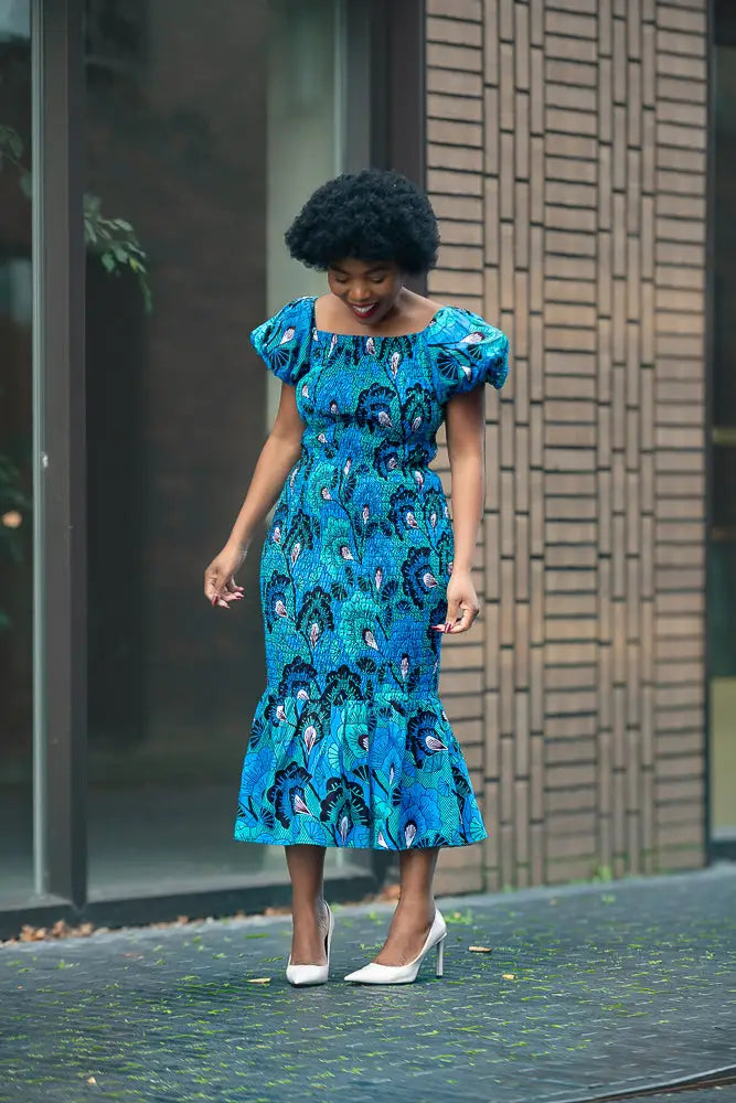 Nomfundo Blue Midi Smocked Dress