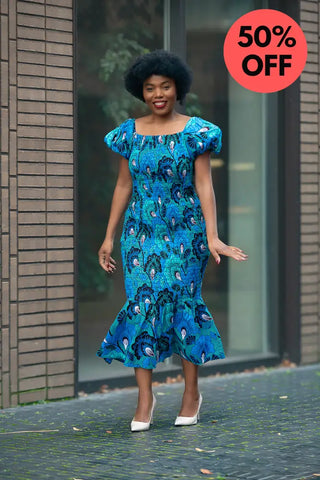 Nomfundo Blue Midi Smocked Dress