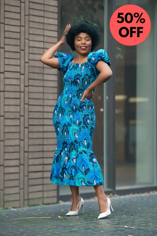 Nomfundo Blue Midi Smocked Dress