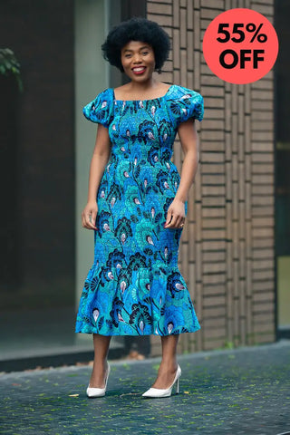 Nomfundo Blue Midi Smocked Dress