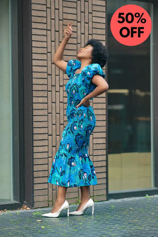 Nomfundo Blue Midi Smocked Dress