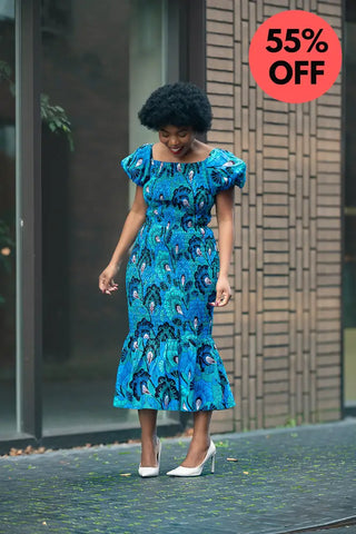 Nomfundo Blue Midi Smocked Dress