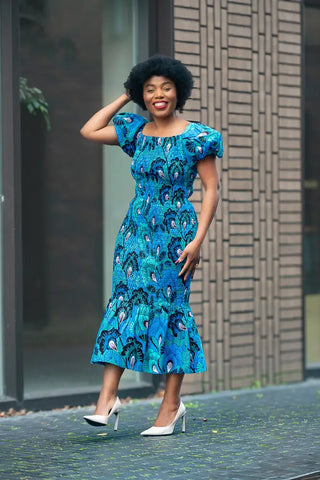 Nomfundo Blue Midi Smocked Dress