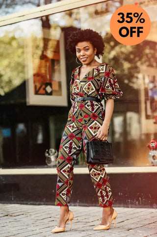 ODETTE AFRICAN PRINT POWER SLEEVE OFF SHOULDER JUMPSUIT