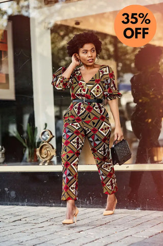 ODETTE AFRICAN PRINT POWER SLEEVE OFF SHOULDER JUMPSUIT