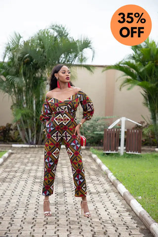ODETTE AFRICAN PRINT POWER SLEEVE OFF SHOULDER JUMPSUIT